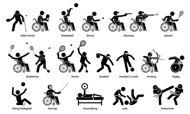 Disabled indoor sport and games for handicapped athlete stick figures icons. Vector signs and symbols of competitive sports for people with disabilities. adaptive athlete stock illustrations