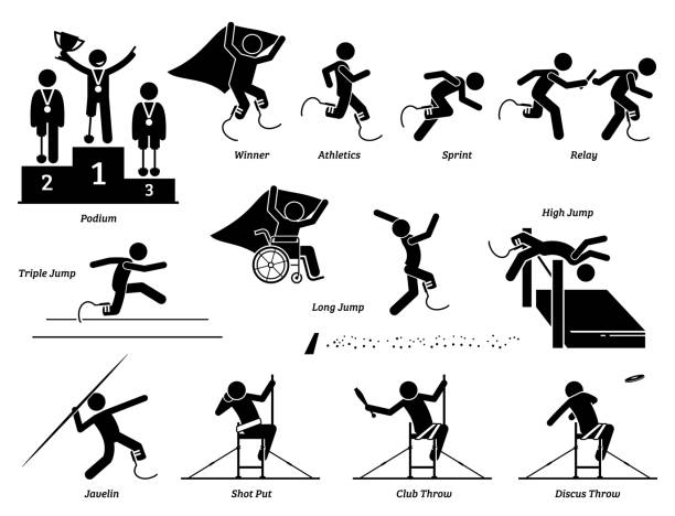 ilustrações de stock, clip art, desenhos animados e ícones de disabled field and track sports games for handicapped athlete stick figures icons. - physical impairment athlete sports race wheelchair