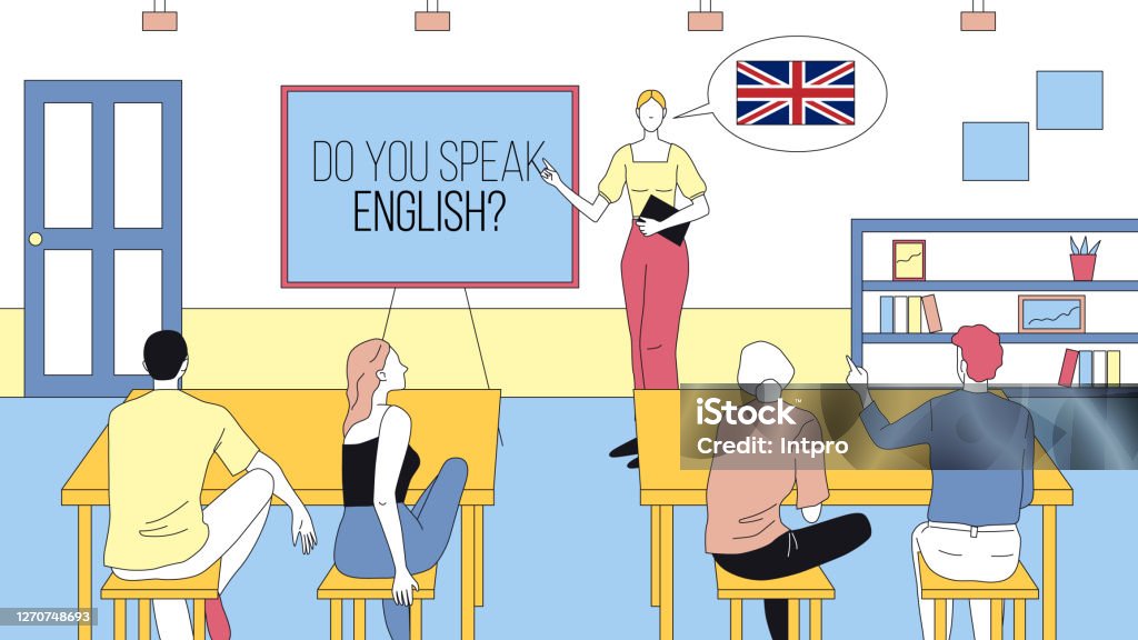 Do You Speak English Concept Cartoon Illustration Linear Vector Composition  With Outline Of Speaking Club With Teacher And Students Sitting At Desks  Educational Language Studying Group Of People Stock Illustration - Download