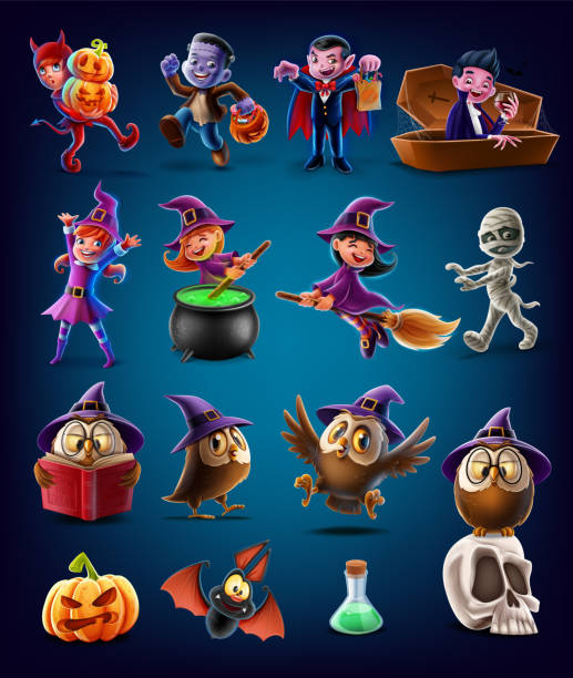 ilustraciones, imágenes clip art, dibujos animados e iconos de stock de conjunto de personajes e iconos para halloween - crypt