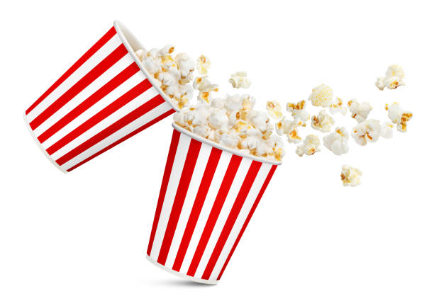 istock Two red striped paper cups with delicious popcorn on white 1270750749