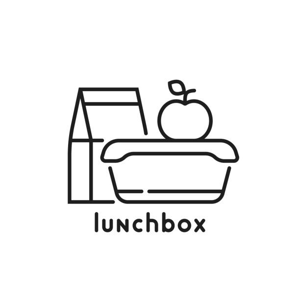 schule lunchbox dünne linie symbol - lunch box packed lunch apple symbol stock-grafiken, -clipart, -cartoons und -symbole