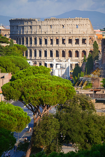 Rome, Italy, August 04 -- A view of the Imperial Roman Forum and the Colosseum in Rome in a photo taken from the Altare della Patria or Vittoriano. Image in High Definition format.