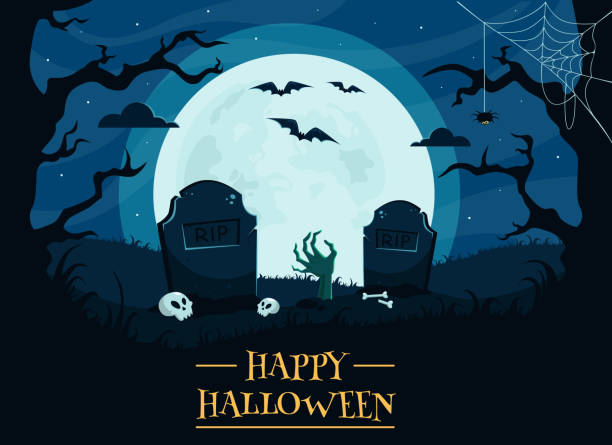 istock Happy Halloween background with graveyard, skulls, full moon, zombie hand, trees, bats. 1270753234