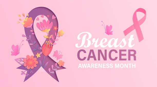 ilustraciones, imágenes clip art, dibujos animados e iconos de stock de pancarta del mes de concienciación sobre el cáncer de mama con flores. - seno ilustraciones