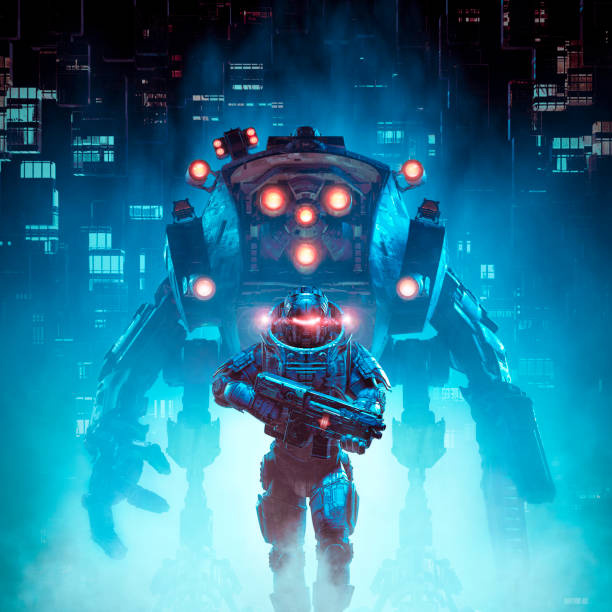 istock Cyberpunk soldier mech patrol 1270755183