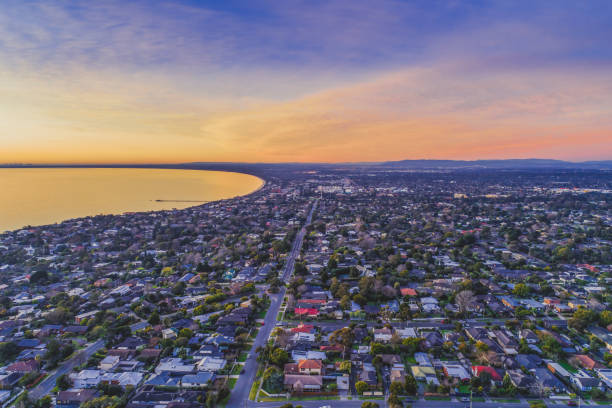 Frankston suburb at sunset - aerial landscape Frankston suburb at sunset - aerial landscape mornington peninsula photos stock pictures, royalty-free photos & images