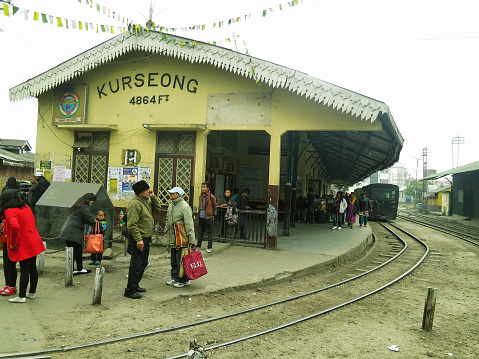 Kurseong, India - January 2015: The Kurseong train station in the HImalayan hill station on the New Jalpaiguri - Darjeeling mountain railway line.