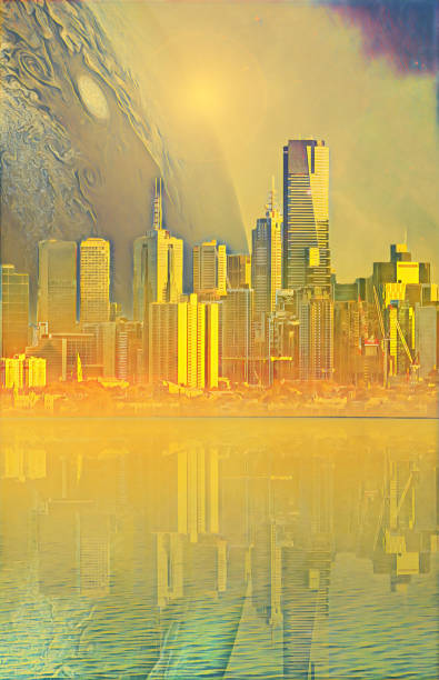 istock Science fiction novel book cover template - Modern megapolis skyline and huge alien planet reflecting in tranquil waters at sunset digital illustration. Elements of this image are furnished by NASA 1270758711
