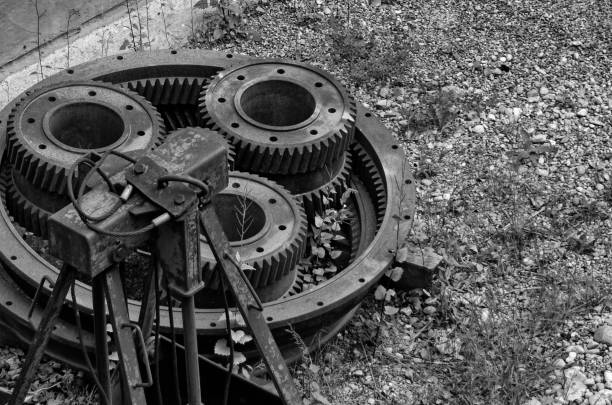 Rusty large gears from old mechanism photographed at close range.