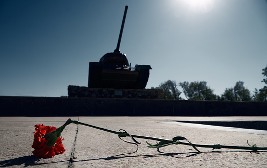 memorial to the fallen soldiers in world war II, T34 tank on a pedestal and one broken red carnation flower, a tribute and tragic