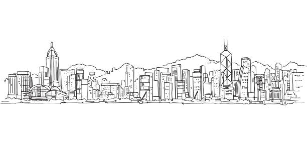 illustrations, cliparts, dessins animés et icônes de horizon de ville de hong kong , vecteur d’illustration - hong kong skyline panoramic china