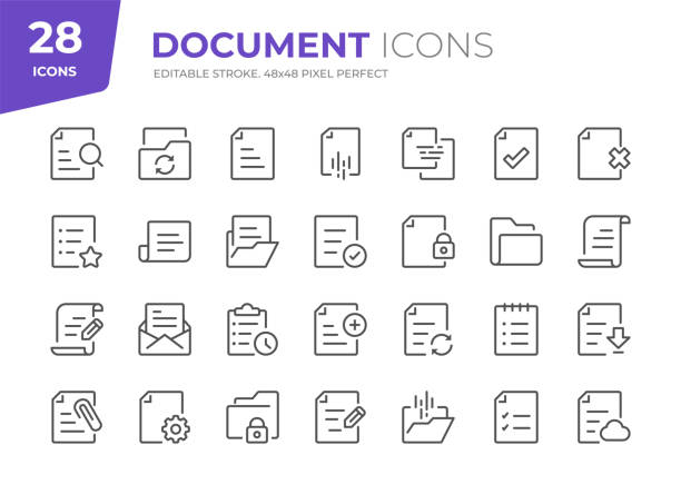 illustrations, cliparts, dessins animés et icônes de icônes de ligne de document. course modifiable. pixel parfait. - papier