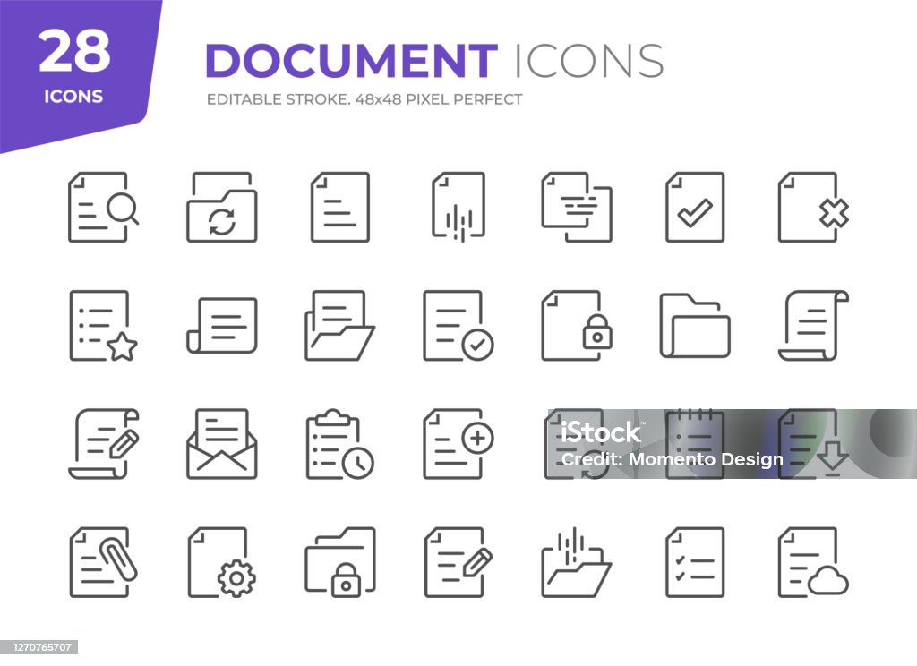 Document Line Icons. Editable Stroke. Pixel Perfect. 28 Document Outline Icons - Adjust stroke weight - Easy to edit and customize Icon stock vector