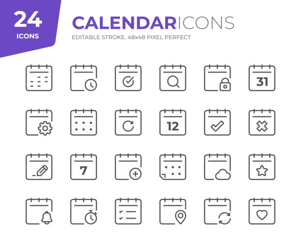 ilustraciones, imágenes clip art, dibujos animados e iconos de stock de iconos de fecha y línea de calendario. trazo editable. pixel perfecto. - calendar
