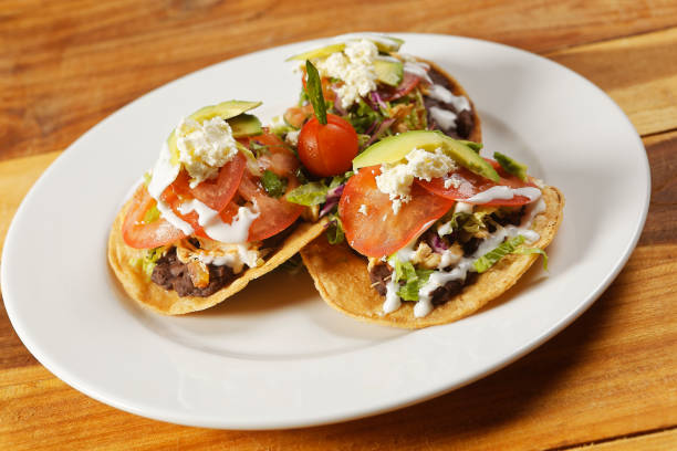 istock Chicken tostadas with beans, lettuce, tomato, fresh cheese and avocado. 1270765740
