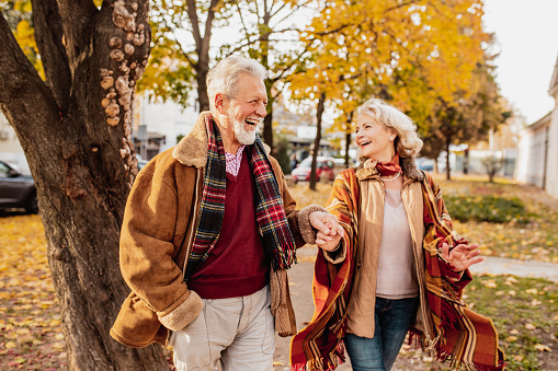 A happy senior couple walking in a park, on an autumn day at sunset
