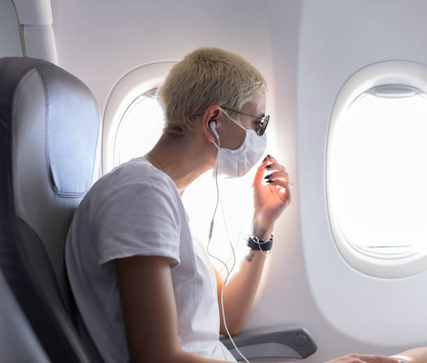 istock Woman with protective mask in a plane she looking outside 1270770874