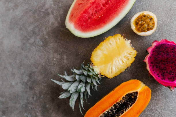 istock Fresh healthy tropical fruits, melon, pineapple, mango, dragon fruit. 1270772989