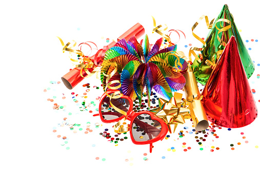 Party decoration garlands, streamer, cracker and confetti. Birthday, carnival, holidays background