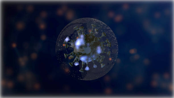 istock The second wave of coronavirus. 3d rendering of abstract virus cell inside a transparet bubble over blurred dark background. 1270784176