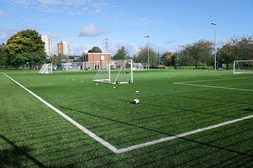 Watford, Hertfordshire, England, UK - September 5th 2020: Floodlit all-weather 3G artificial grass football pitch, Meriden Community Centre, Watford