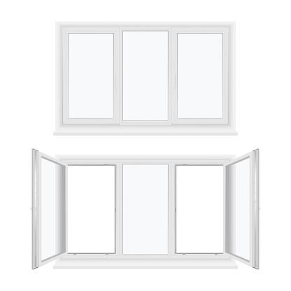 Windows three sash or leaf with fixed center frame, sill realistic templates set. Plastic constructions for home interior open, closed. Vector collection illustration isolated on white background.