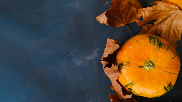 istock Pumpkin and autumn maple leaves on dark background. 1270786878