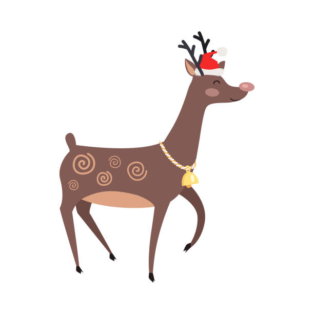 Big Reindeer with Golden Bell and Red Hat on White Big reindeer with golden bell and red hat on white background. Santa's helper as element of decor for encouragement customers in big supermarkets. Cute horned mammal animal vector illustration funny-moose stock illustrations