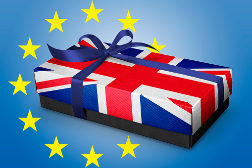 Gift box with Silk ribbon and UK Fag concept . Brexit concept