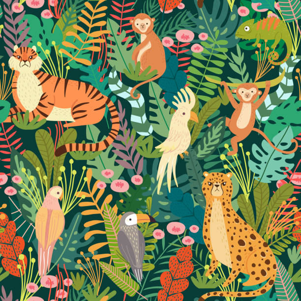 Seamless pattern with tropical animals and bird in jungle Seamless pattern with tropical animals and bird in jungle. Exotic animals, birds, plants. Monkey, leopard, tiger, parrot, toucan, chameleon. Vector illustration backgrounds animal seamless stock illustrations