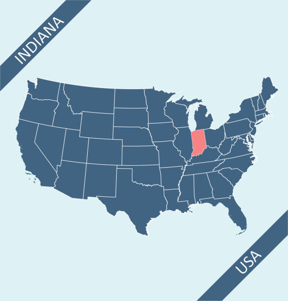 Indiana highlighted on USA map Highly detailed map of United States of America with highlighted state of Indiana for web banner, mobile, smartphone, iPhone, iPad applications and educational use. The map is accurately prepared by a map expert. evansville indiana stock illustrations