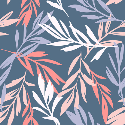 istock Leaves sprigs twigs leafage stem branch seamless pattern. Botanical background. Autumn leaves ornament.  Flat drawing. Fashion design. 1270805683