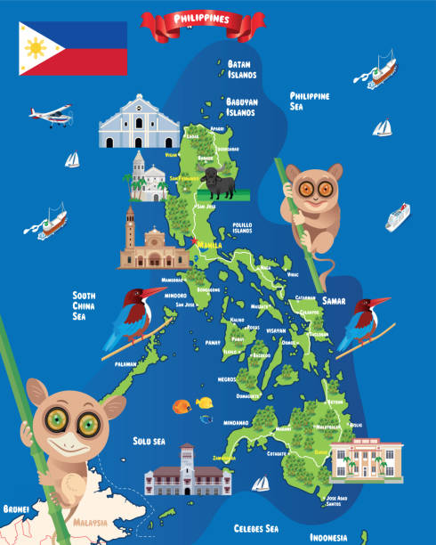 cartoon-karte von philippinen - philippines map manila philippines flag stock-grafiken, -clipart, -cartoons und -symbole