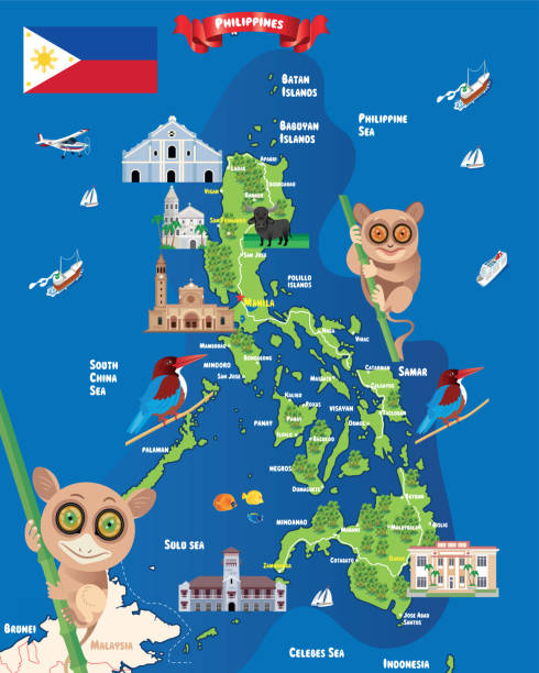 ilustrações, clipart, desenhos animados e ícones de mapa de desenhos animados das filipinas - philippines map manila philippines flag