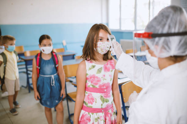 istock Pediatrician using thermometer temperature screening for school children 1270811649
