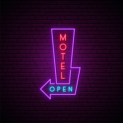Motel neon signboard. Glowing neon arrow with text Motel Open. Stock vector illustration.