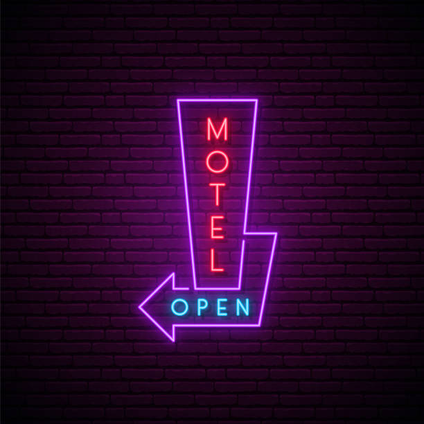 Motel neon signboard. Glowing neon arrow with text Motel Open. Stock vector illustration. Motel neon signboard. Glowing neon arrow with text Motel Open. Stock vector illustration. motel stock illustrations