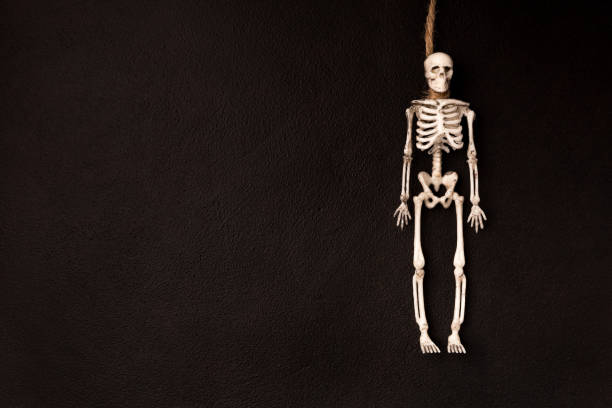 istock Skeleton in the form of a hanged man flat lay on a dark background with copy space. Invitation for Halloween holiday 1270812533