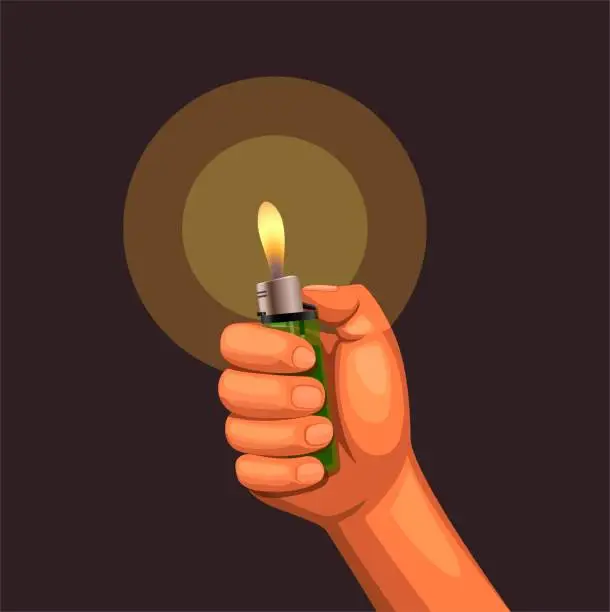 Vector illustration of hand hold burning lighter in the dark. concept in realistic cartoon illustration vector