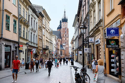 Krakow, Poland - September 04,2020: People walking on the old town in Kracow.