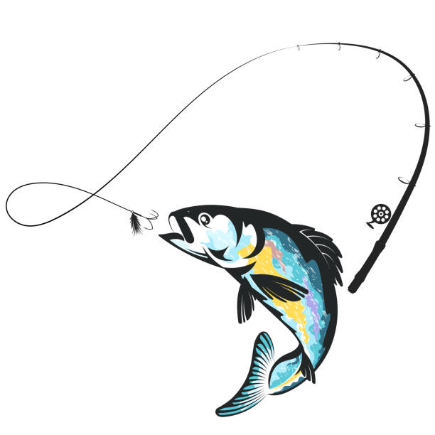 Jumping fish and fishing rod design Fish jumping for bait and fishing rod design fishing line illustrations stock illustrations