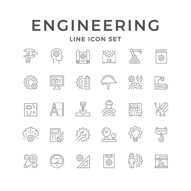 ilustraciones, imágenes clip art, dibujos animados e iconos de stock de establecer iconos de línea de ingeniería - drawing compass machine part engineering plan