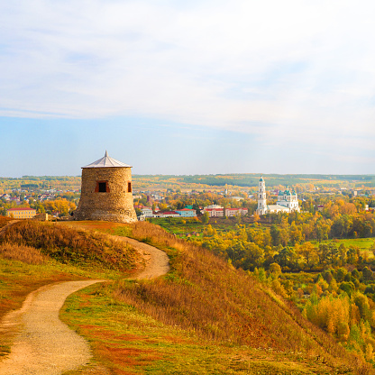 Devil hill, ancient watchtower, autumn landscape. Bank of the Kama River, Elabuga, Tatarstan, Russia