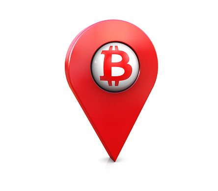 Map marker with Bitcoin symbol