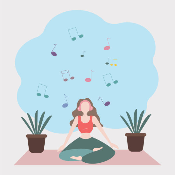 ilustrações de stock, clip art, desenhos animados e ícones de woman yoga at home vector background illustration. - ouvir musica