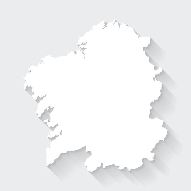 ilustraciones, imágenes clip art, dibujos animados e iconos de stock de mapa de galicia con sombra larga sobre fondo en blanco - diseño plano - santiago de compostela