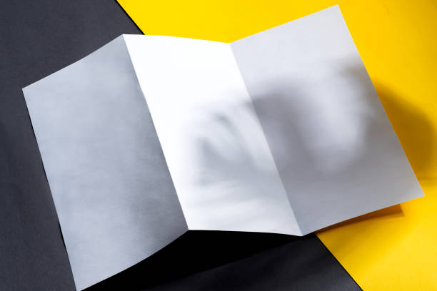 istock Minimal trifold brochure template above duotone background with shadows 1270840984