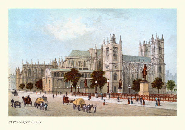 Westminster Abbey, Victorian London landmarks, 1890s, 19th Century Vintage colour illustration of Victorian London, Westminster Abbey, 1890s, 19th Century. Westminster Abbey, formally titled the Collegiate Church of Saint Peter at Westminster, is a large, mainly Gothic abbey church in the City of Westminster, London, England, just to the west of the Palace of Westminster. gothic art stock illustrations