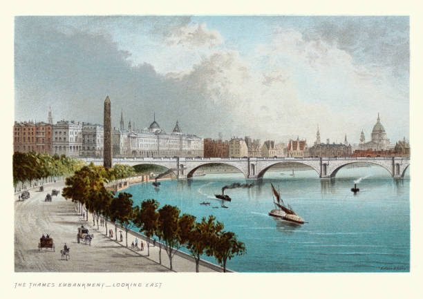 Vintage colour illustration of Thames Embankment, looking east, Victorian London landmarks, 1890s, 19th Century